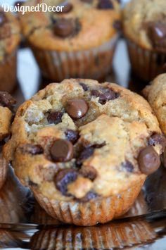 chocolate chip muffins on a glass plate