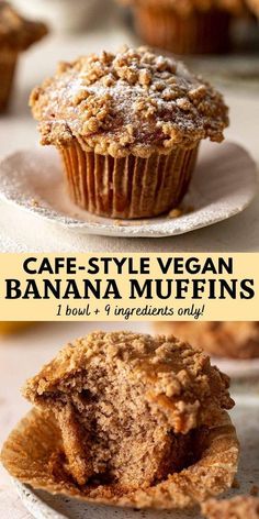 some type of muffin on a plate with the words cafe - style vegan banana muffins