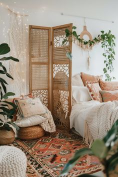 a bedroom decorated with plants and lights