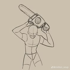 a drawing of a man holding a chainsaw over his head with one hand on his head