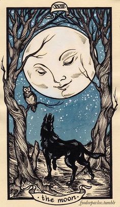 a drawing of a dog standing in front of a tree with the moon above it