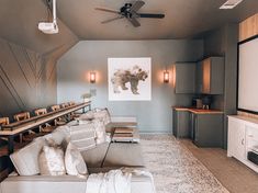 a living room filled with furniture and a flat screen tv sitting on top of a wall