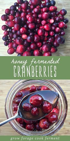 cranberry sauce in a glass jar with spoon and bowl full of cherries