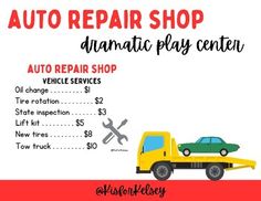 an auto repair shop flyer with a yellow truck