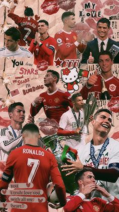 a collage of soccer players with their trophies and names on the wall behind them