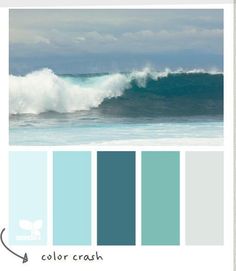 the color scheme is blue, green and gray with white waves in the ocean behind it