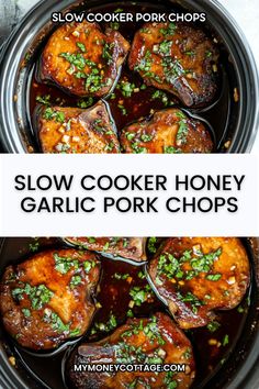 slow cooker honey garlic pork chops in a crock pot with text overlay