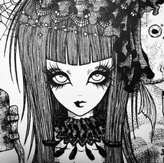 a black and white drawing of a girl with long hair wearing a headdress