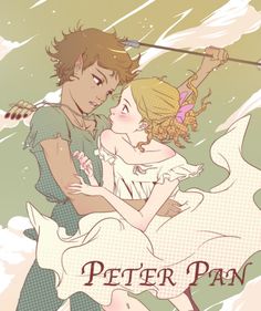 a man and woman are hugging in front of an arrow with the words peter pan on it