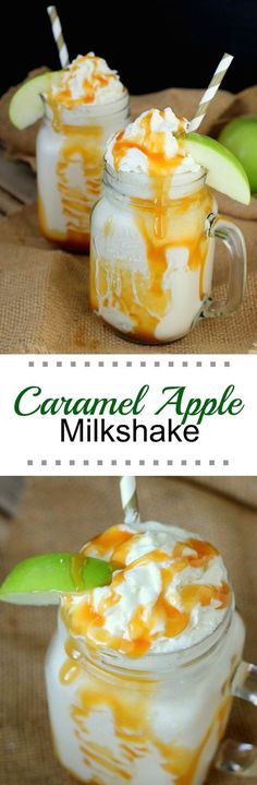 caramel apple milkshake in mason jars with apples and whipped cream on top