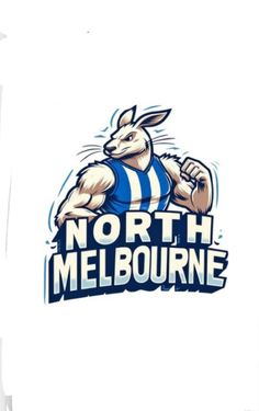 the north melbourne kangaroos logo on a white t - shirt with blue and white stripes