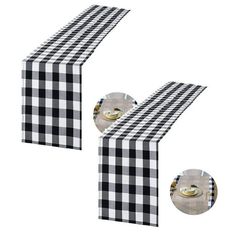 two black and white checkered table runneres with cd's next to each other