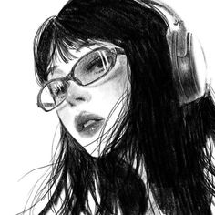 a drawing of a woman with headphones on her face and long hair, wearing glasses