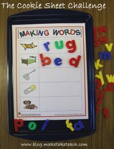 a cookie sheet activity for kids to make words and spell them out with the letters