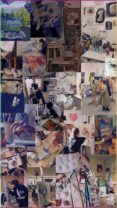 a collage of photos with people working on art work and paintings in the background