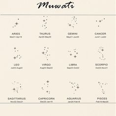 zodiac signs and their names are shown in this graphic style, which includes the stars