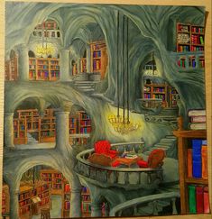 a painting of a library with bookshelves and chandeliers on the walls