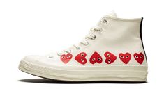 White cotton Multi Hearts hi-top sneakers from COMME DES GARÇONS PLAY featuring heart print, logo print to the side, contrasting heel counter, round toe, front lace-up fastening and flat rubber sole. Heart With Eyes Logo, Converse X Comme Des Garcons, Heart With Eyes, Converse Chuck Taylor White, Dr Shoes, Converse Chuck 70, White Converse, Comme Des Garcons Play, Chuck 70