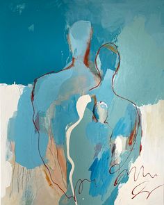 an abstract painting with blue, red and white colors on the subject's body