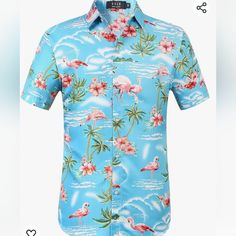 Brand New With Tags Blue Hawaiian Shirt Mens Beach Shirts, Flamingo Shorts, Funny Hawaiian Shirts, Floral Hawaiian Shirt, Flamingo Shirt, Tropical Shirts, Shirts Summer, Flamingo Print, Beach Shirt