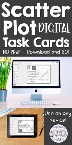 a computer sitting on top of a wooden desk next to a keyboard and monitor with text overlay that reads scatter ploting task cards