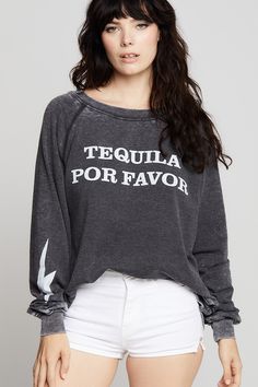 Party 'til you drop in this "Tequila Por Favor" oversized sweatshirt! Designed with "Tequila Por Favor" verbiage on the front with a lightning bolt on the right sleeve, and "One Tequila, Two Tequila, Three Tequila, Floor" on the back. Made with vintage washed fabric, ribbed hems, a relaxed crew neckline, and our classic oversized fit. The design of this style is oversized. For a more standard fit, choose a size down. Details Style #302274 Color: Black Tequila Por Favor Oversized Sweatshirt 47.5 Vintage Havana, Black Party, Love Is Free, Drop In, Lightning Bolt, Oversized Sweatshirt, Dress Romper, Tequila, Black Backgrounds