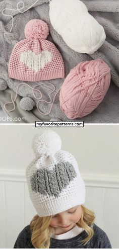 there are two pictures of hats and yarns on the bed, one has a heart