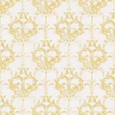 a yellow and white wallpaper with an ornate design