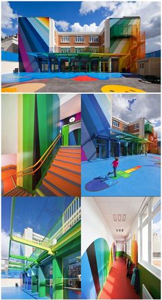 multiple images of colorful buildings and stairs in different colors, with one person on a surfboard