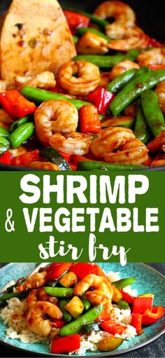 shrimp and vegetable stir fry on a plate with rice