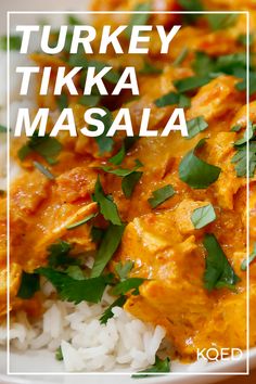 turkey tikka masala with white rice and cilantro