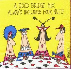 three cartoon characters are sitting at a table with the caption'a good bridge mix always includes four nuts '