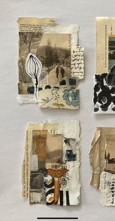 four pieces of torn paper with pictures on them