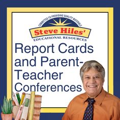 a man in an orange shirt and tie next to a sign that says report cards and parent - teacher conferences