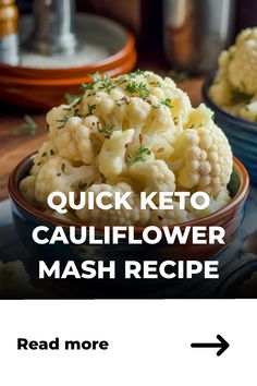 Quick keto cauliflower mash garnished with herbs in a blue bowl.