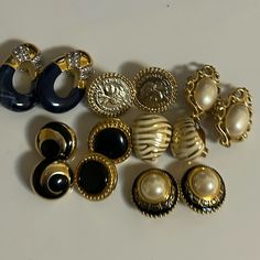 Bundle Vintage Designers Earrings Jewelry Lots Two Stamped Joan Rivers, Trifari Faux Pearl Earrings , Kenneth Lane Blue With Rhinestones Clip On Earrings, Karine Sultan Gold Tone Button Clip On Earrings, Two Gold Tone With Black Earrings Unsigned., Good Condition. Please Use Pictures For Condition As They Are A Big Part Of The Item Description. From Smoke Free And Pet Free Home Faux Pearl Earrings, Joan Rivers, Kenneth Jay Lane, Black Earrings, Designer Earrings, Faux Pearl, Clip On Earrings, Vintage Designs, Gold Tones