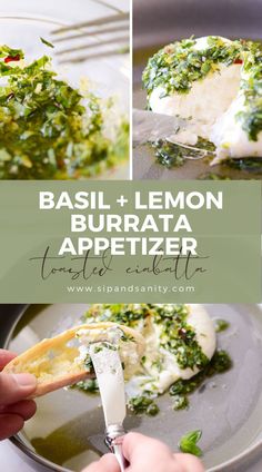 basil and lemon appetizer with text overlay