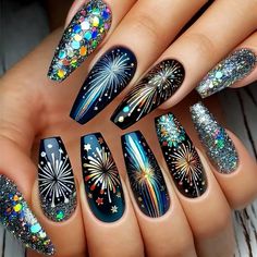 New Years Fireworks Nails, Firework Nails Design New Years, Fire Work Nails, Firework Nails Design, New Years Gel Nails Ideas, Nail Deisgn, Nails Fireworks