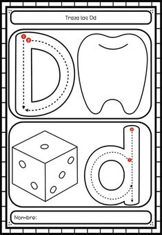 the letter d worksheet with an image of a tooth, dice and block