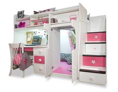 a white and pink bunk bed with stairs