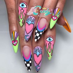 Trippy Nail Designs, Crazy Nail Art Designs, Lsd Nails, Pop Nails, Funky Nail Designs, Colorful Nails, Short Square Acrylic Nails