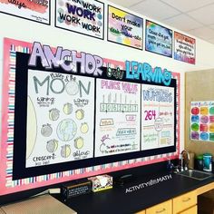 a classroom with posters on the wall and desks in front of it that read anchor learning