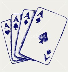 three playing cards in blue ink on a white background stock photo, images and illustrations