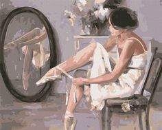 a painting of a woman sitting on a chair in front of a mirror with her legs crossed