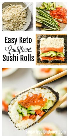 sushi rolls with cucumber, carrots and sauce on them are shown