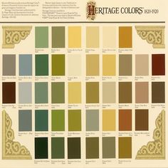 the color chart for heritage colors, including brown and green tones with gold trims