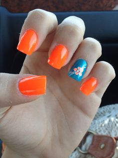 Dip Nail Ideas Orange, Turquoise And Orange Nails, Blue And Coral Nails, Coral And Blue Nails, Orange And Blue Nails Design, Orange Beach Nails, Teal And Orange Nails, Blue And Orange Nails Designs, Orange Blue Nails