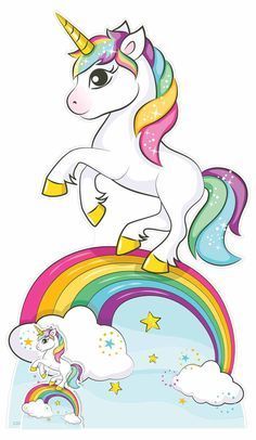 a drawing of a unicorn on top of a rainbow with stars and clouds in the background