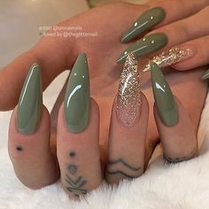 Nails Fancy, Long Almond Nails, Travel Tattoos, Green Acrylic Nails, Fall Acrylic Nails, Almond Nails Designs, Coffin Nails Designs