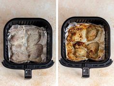 two pictures of meat in an air fryer, one is cooked and the other is uncooked